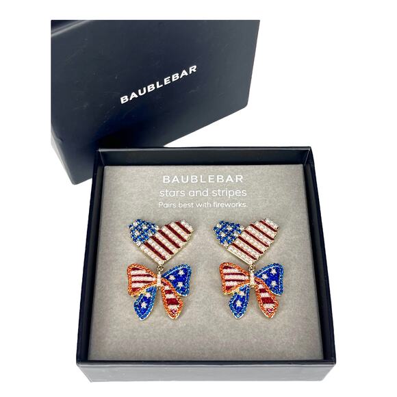 NEW BaubleBar Patriotic EARRINGS Dangle Drop Red White & Blue Bows Hearts Pearls - Picture 6 of 6